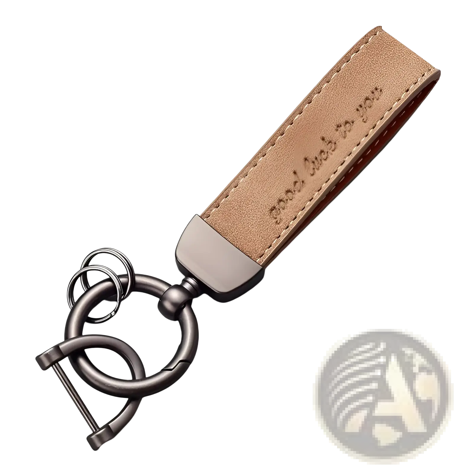 Tan leather car keychain with brushed metal clasp and engraved phrase luxury genuine leather key ring