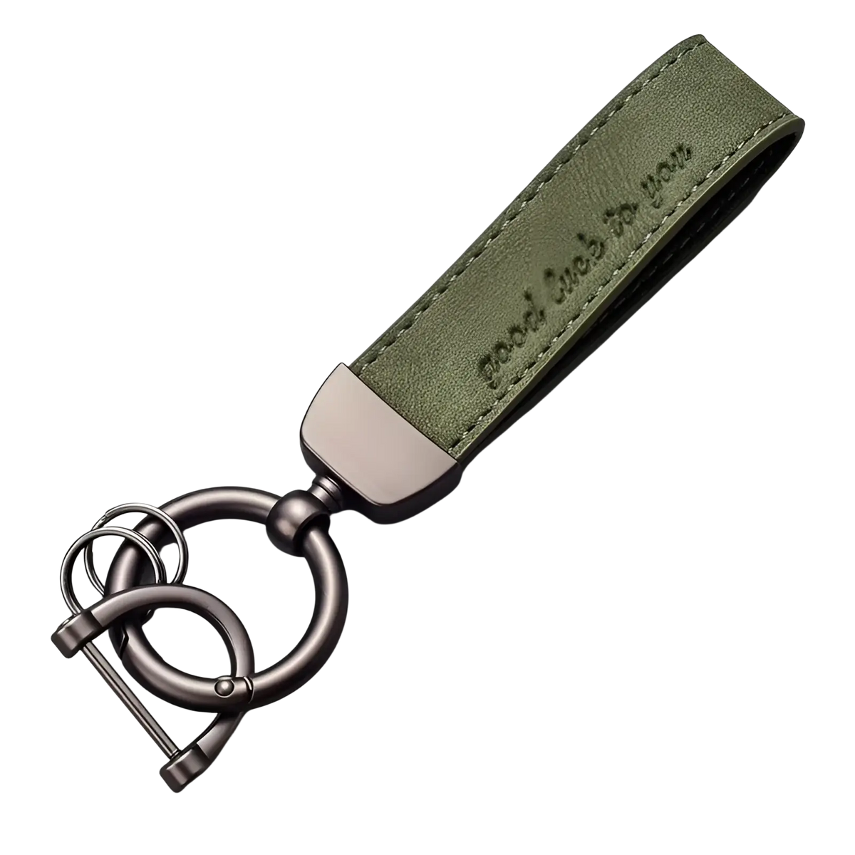 Olive green leather car keychain with matte black metal ring and clasp engraved with good luck to you phrase
