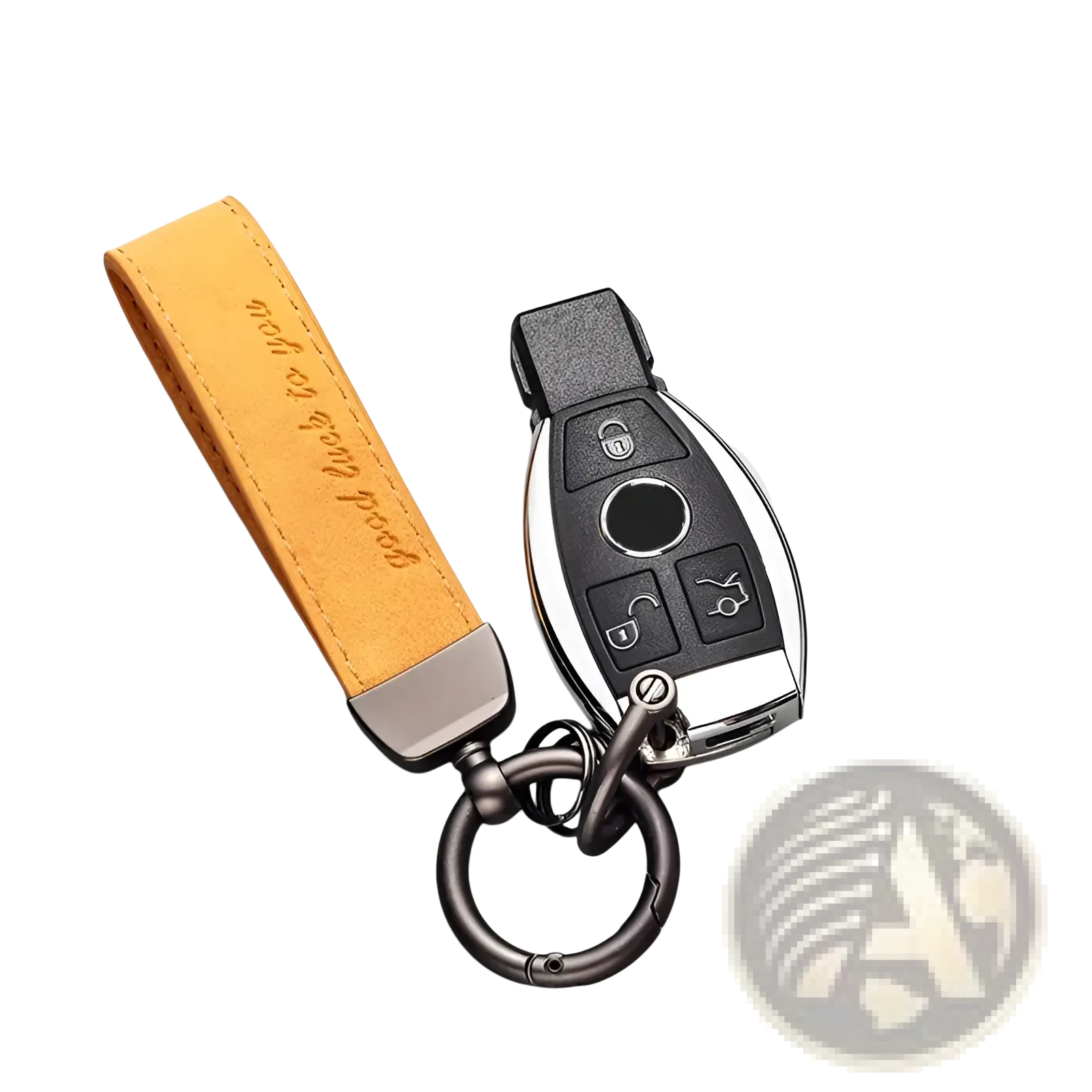 A sleek silver mercedes-benz key fob with a black button panel and mustard-yellow genuine leather keychain