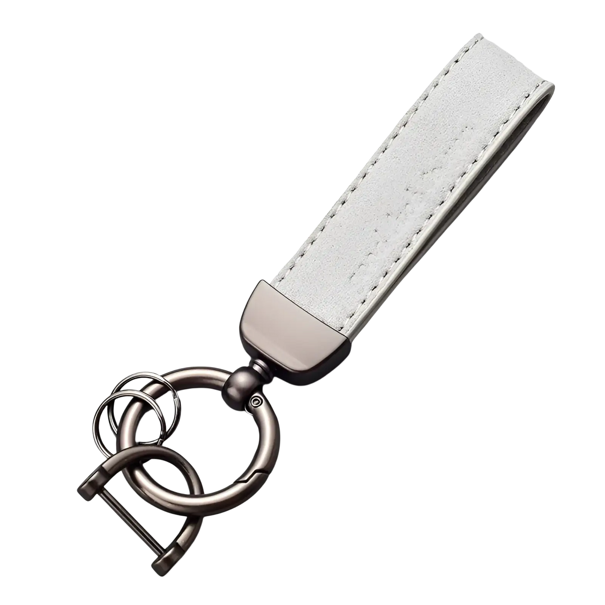 A sleek white suede leather car keychain with a matte metallic clasp and interlocking rings for secure use