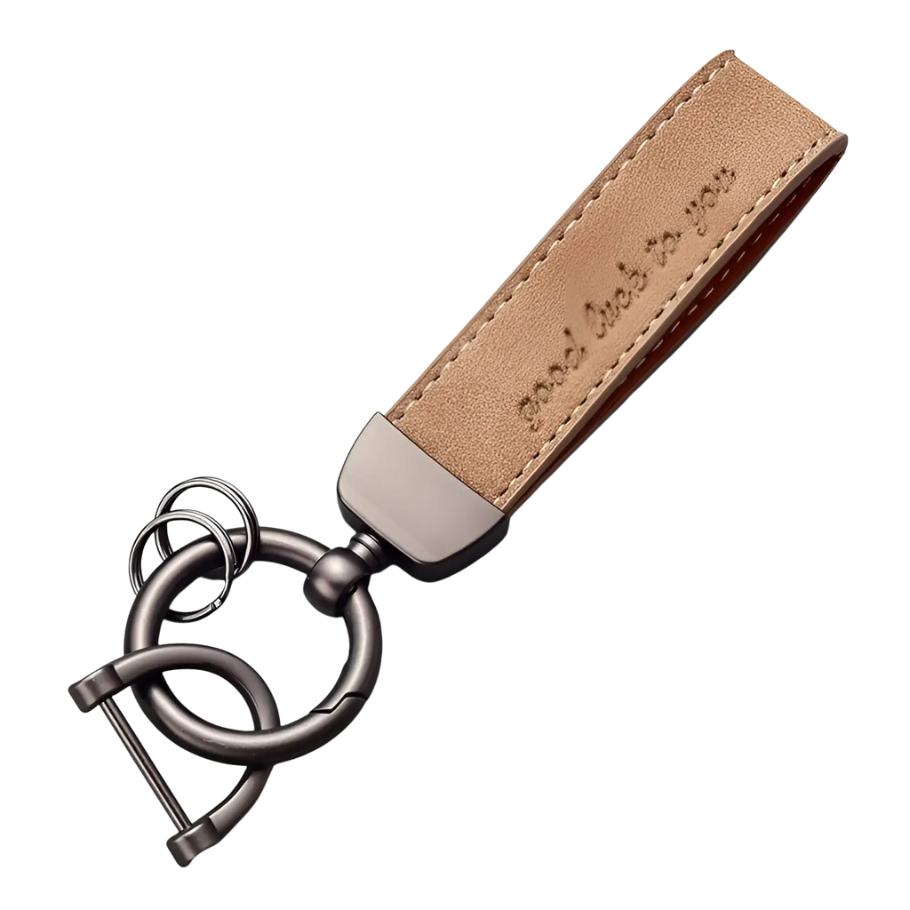 Tan leather car keychain with brushed metal clasp and engraved phrase luxury genuine leather key ring