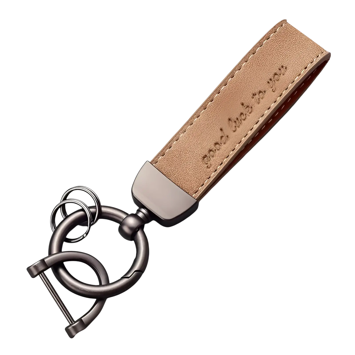 Tan leather car keychain with brushed metal clasp and engraved phrase luxury genuine leather key ring