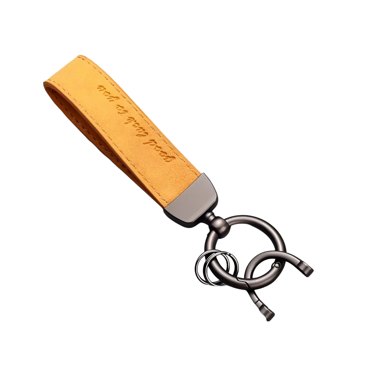 A tan leather car keychain with zinc alloy clasp and ring engraved with good luck to you luxury genuine leather key ring