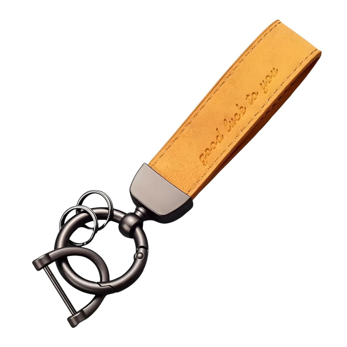 Leather car keychain luxury genuine leather key ring in tan with matte black metal clasp engraved with good luck to you phrase