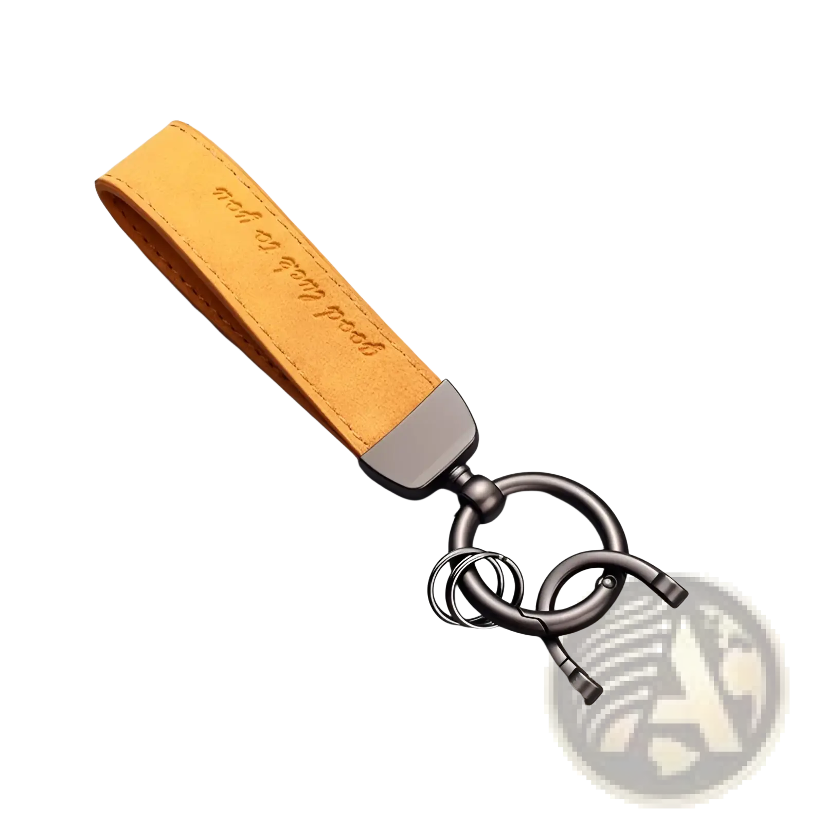A tan leather car keychain with zinc alloy clasp and ring engraved with good luck to you luxury genuine leather key ring