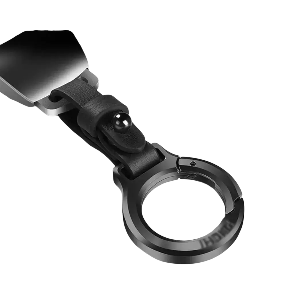 Black leather car keychain with sleek metallic ring and clasp for secure attachment and stylish use