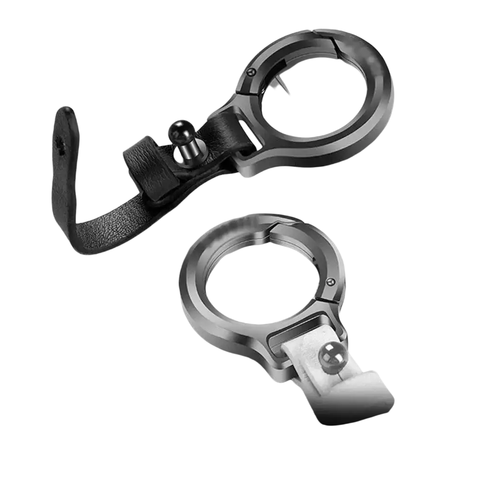 Black leather car keychain with metal clip ring and ball joint for secure attachment and durable use