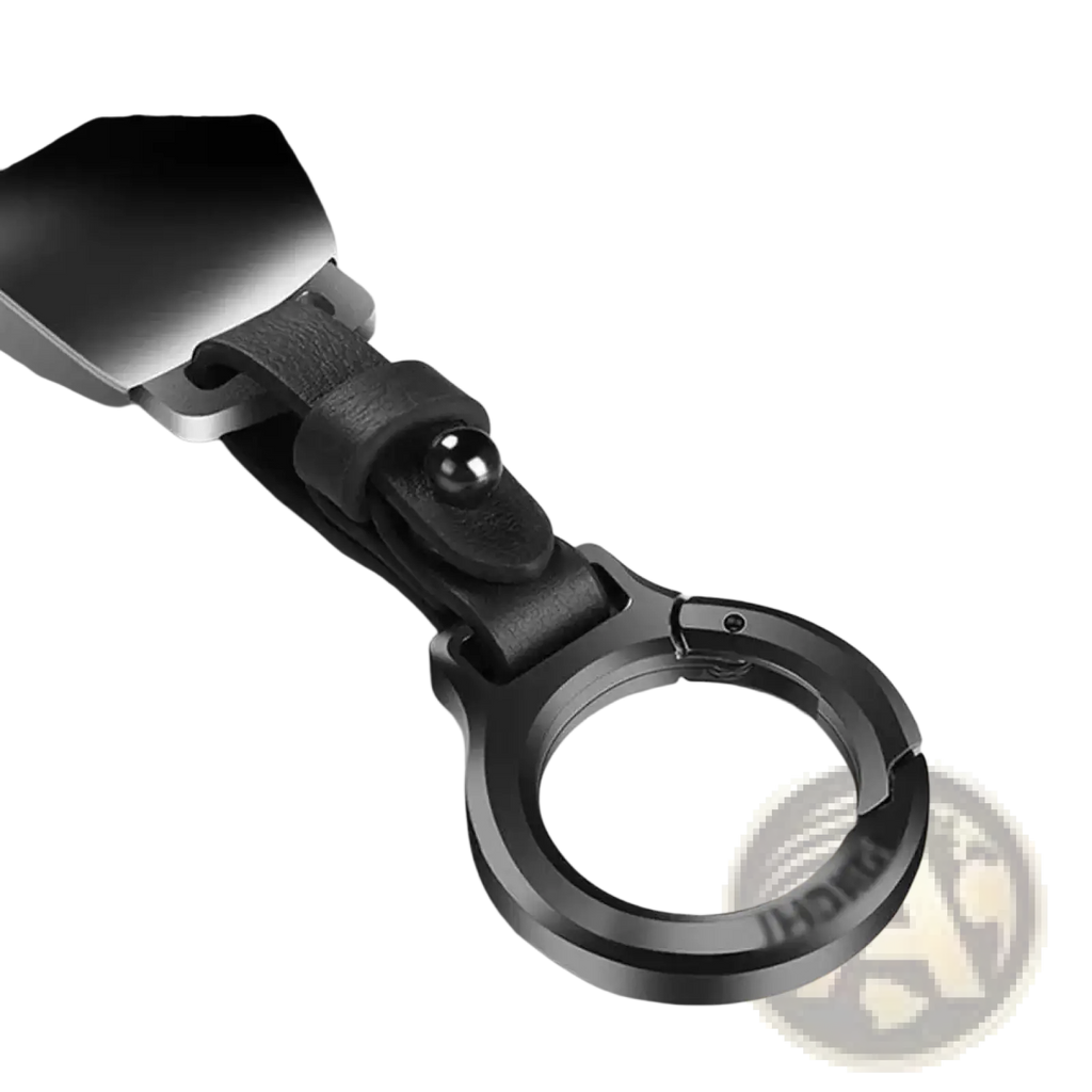 Black leather car keychain with sleek metallic ring and clasp for secure attachment and stylish use