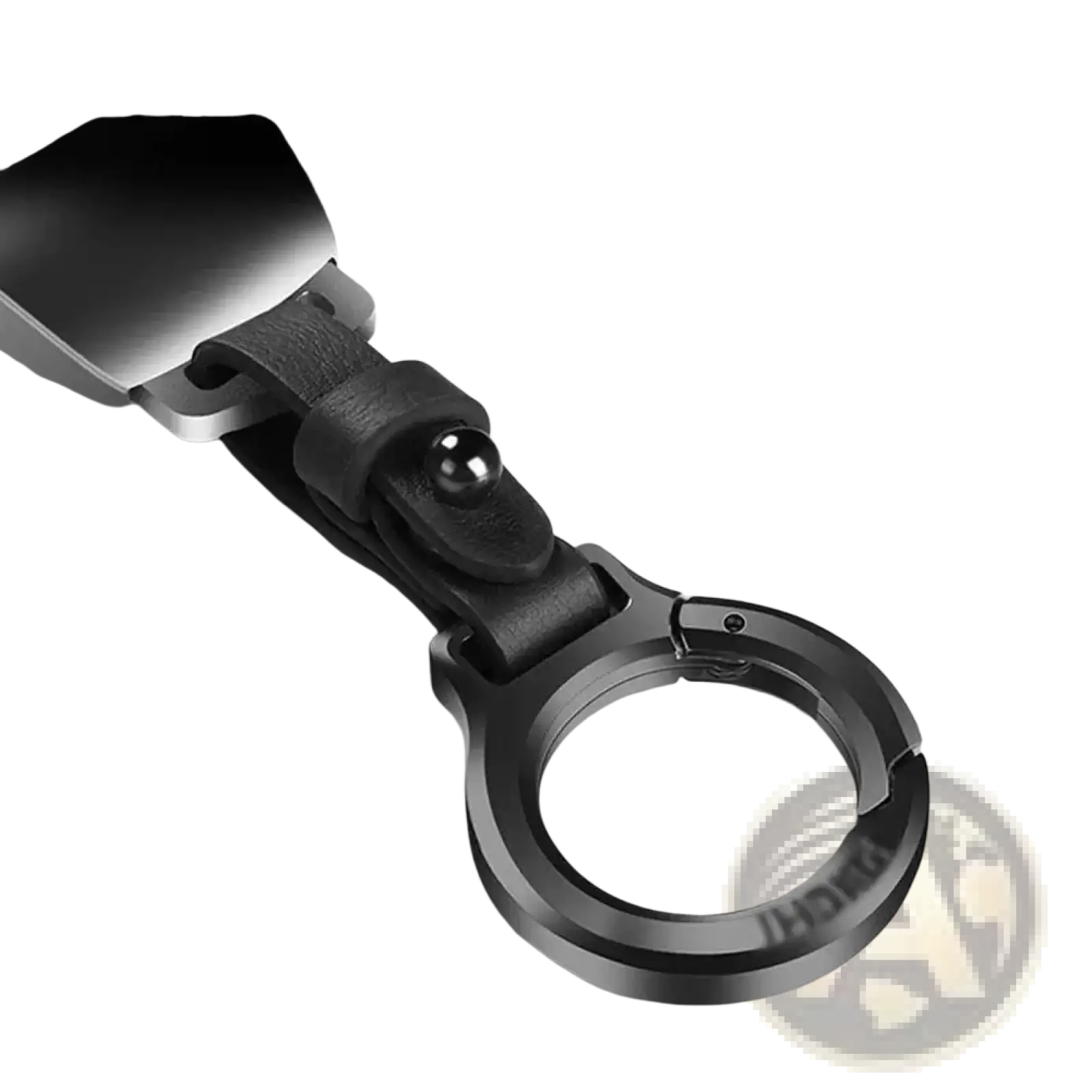 Black leather car keychain with sleek metallic ring and clasp for secure attachment and stylish use