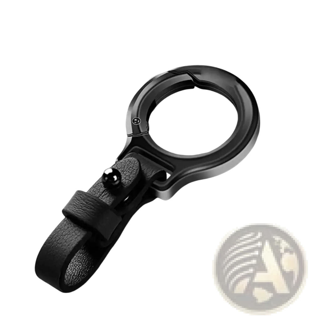 Black leather car keychain with metal clip ring featuring a sleek metallic ring and polished spherical accent