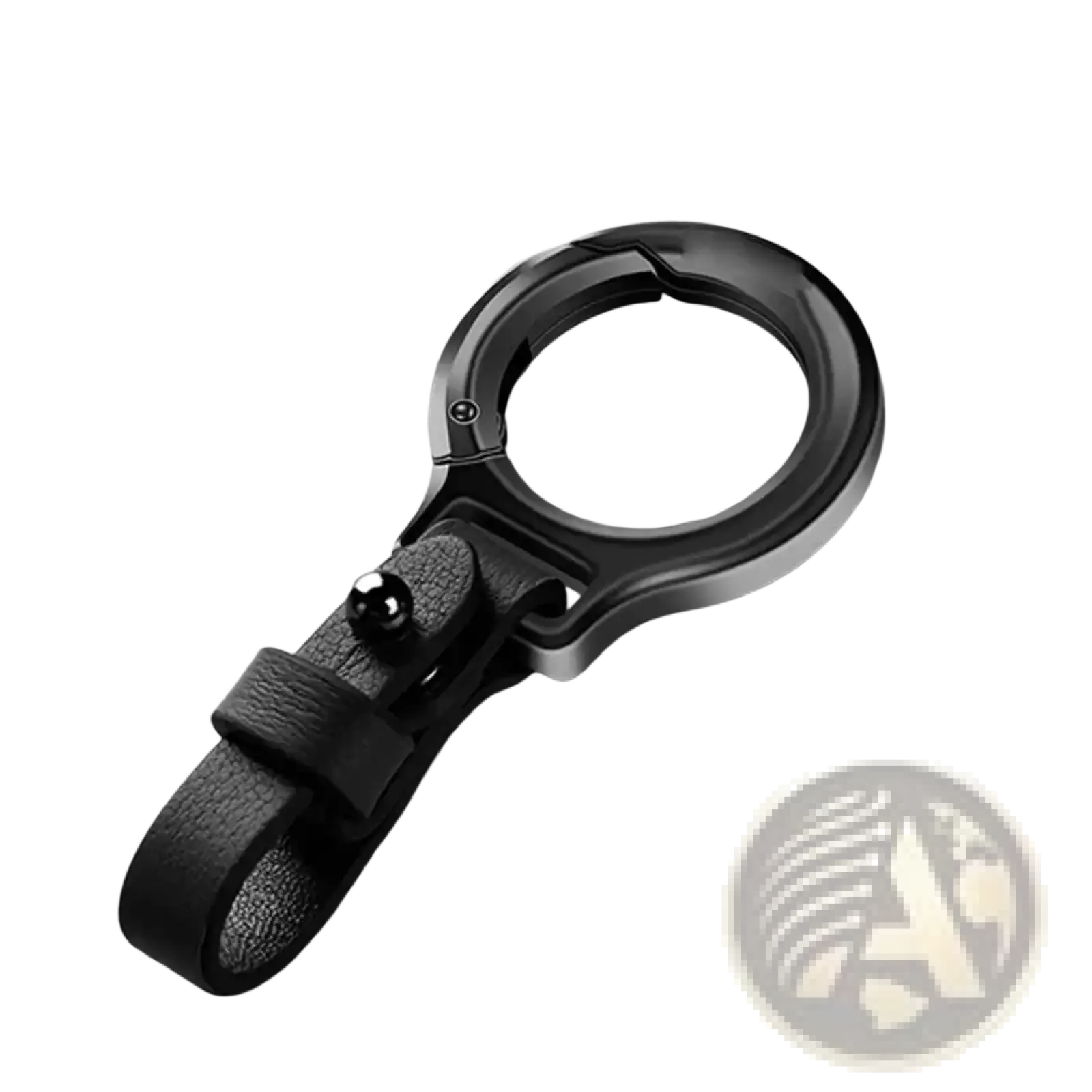 Black leather car keychain with metal clip ring featuring a sleek metallic ring and polished spherical accent