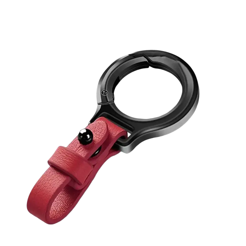 Leather car keychain with red leather strap black metal ring and spherical accent designed as laptop keychain