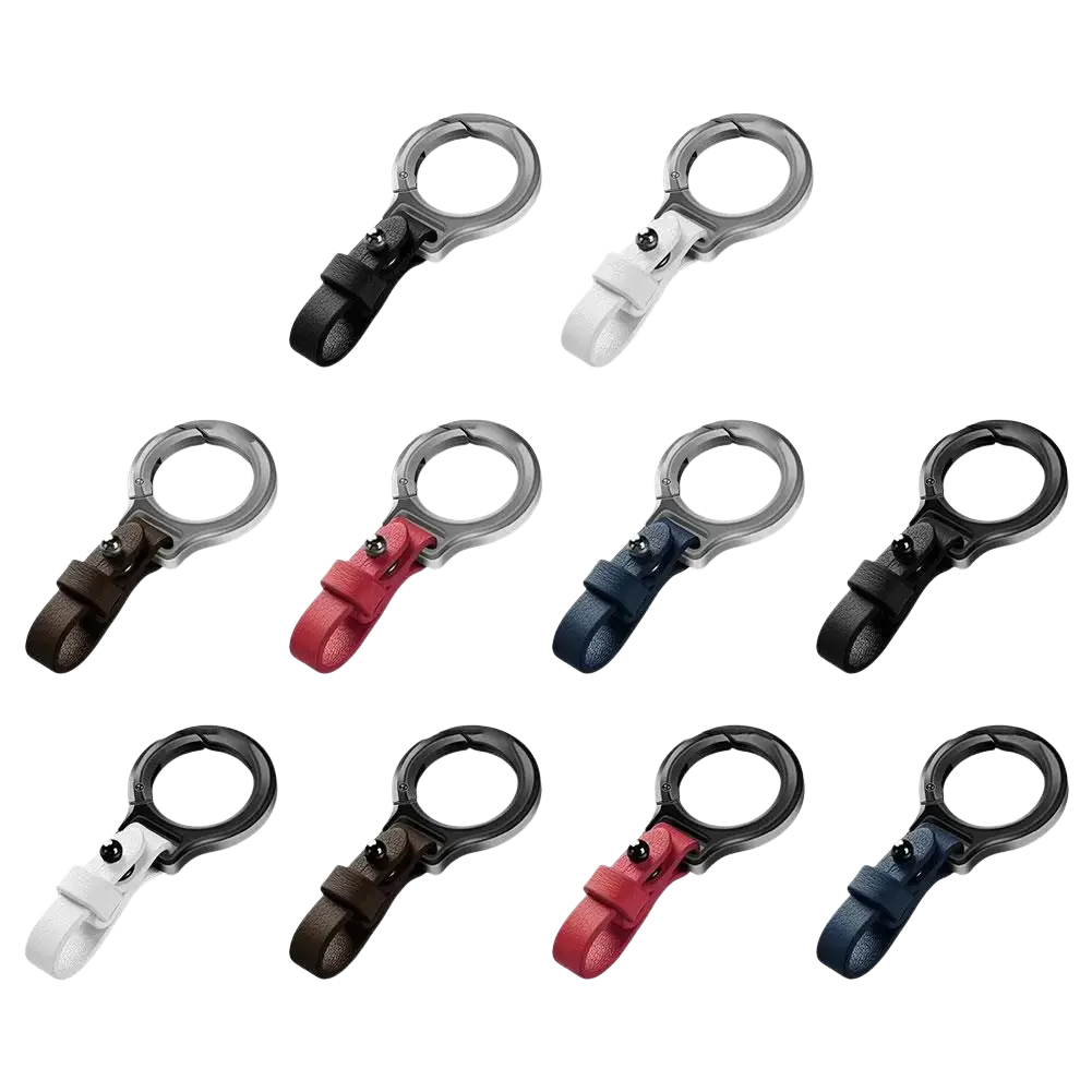 Set of nine leather car keychains with metal clip and ring in black white red and navy blue colors
