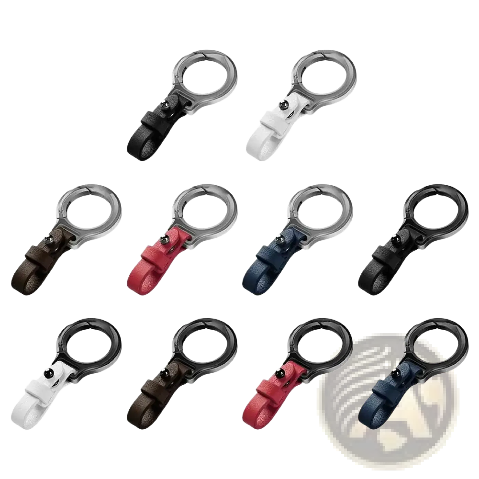 Set of nine leather car keychains with metal clip and ring in black white red and navy blue colors