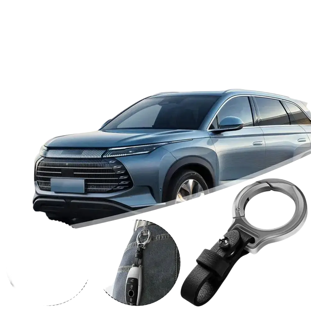 Leather car keychain with silver metal clip ring and black leather strap for secure and stylish key organization