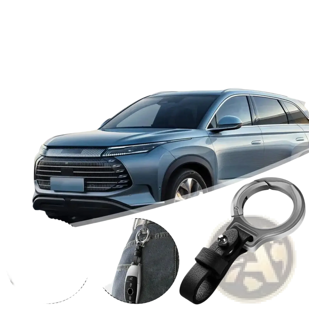 Leather car keychain with silver metal clip ring and black leather strap for secure and stylish key organization