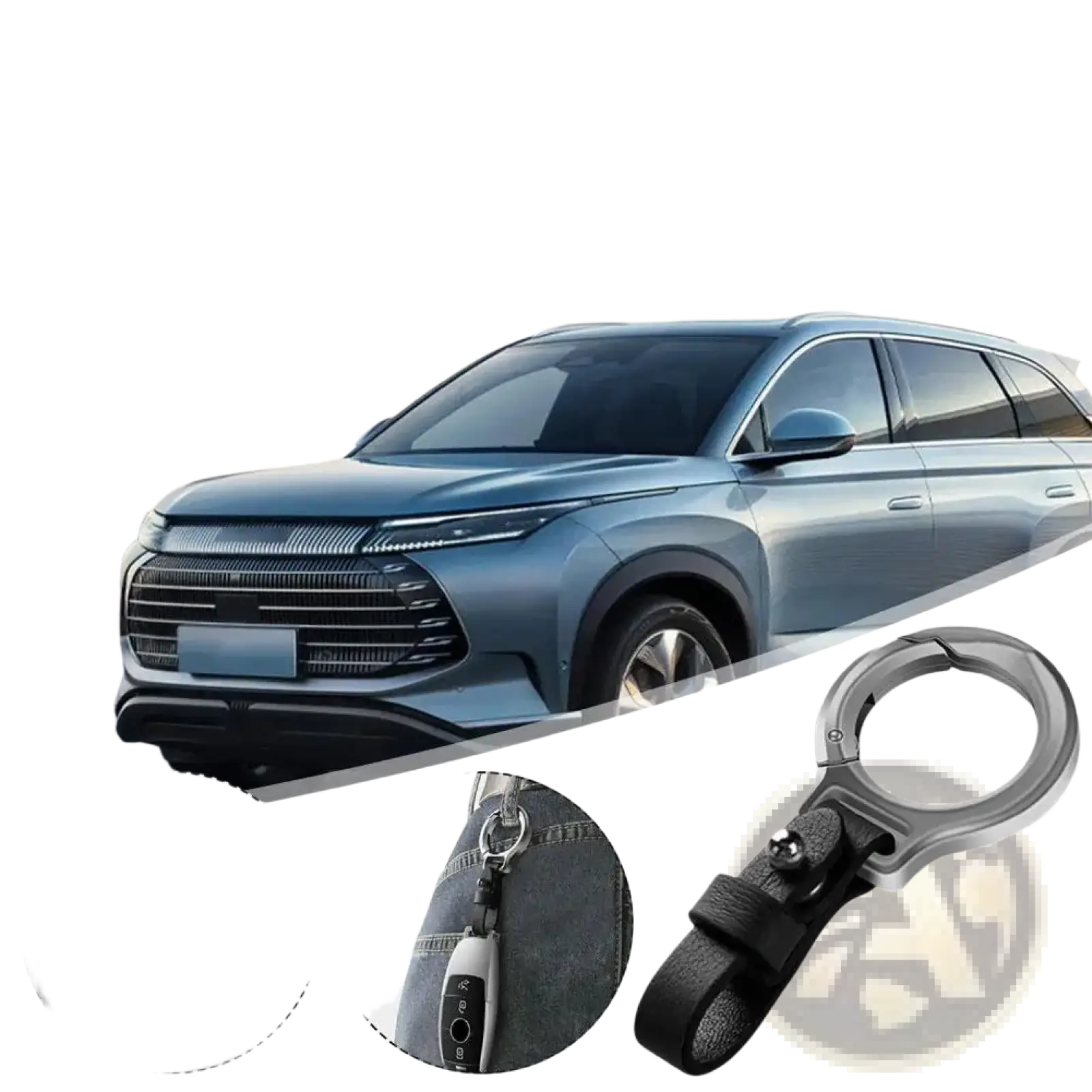 Leather car keychain with silver metal clip ring and black leather strap for secure and stylish key organization
