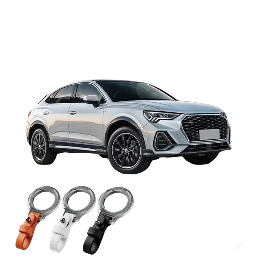 Leather car keychain with silver metallic clip and ring and adjustable strap in orange white or black for secure holding