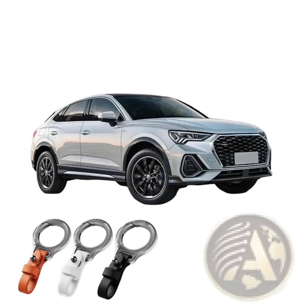 Leather car keychain with silver metallic clip and ring and adjustable strap in orange white or black for secure holding