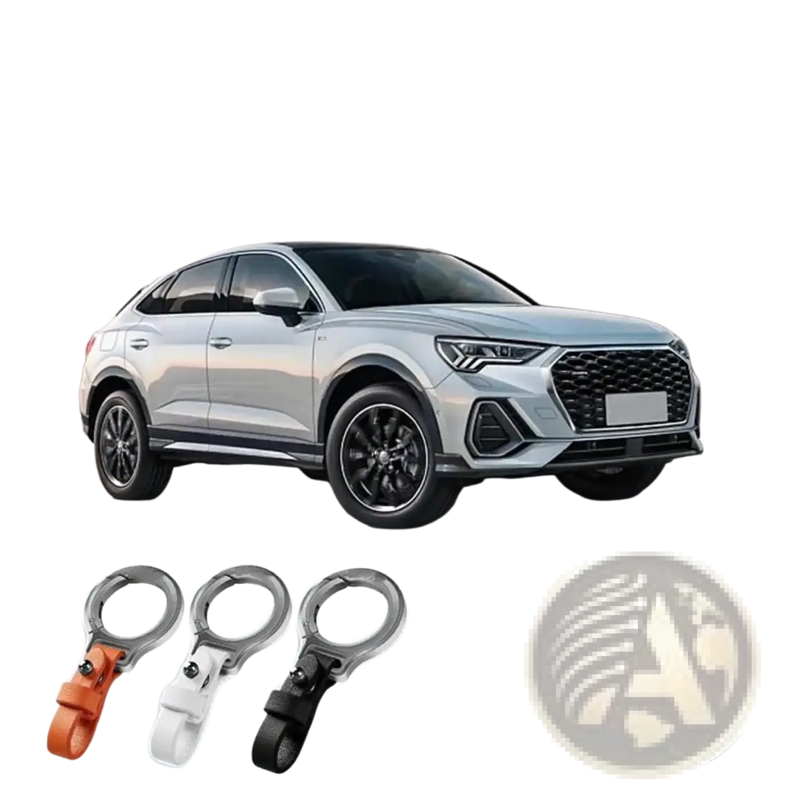 Leather car keychain with silver metallic clip and ring and adjustable strap in orange white or black for secure holding