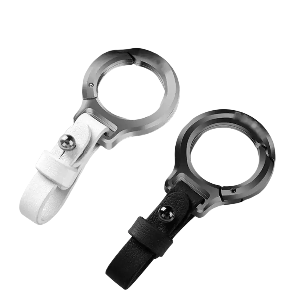 Silver zinc alloy leather car keychain with metal clip and ring featuring white and black leather straps