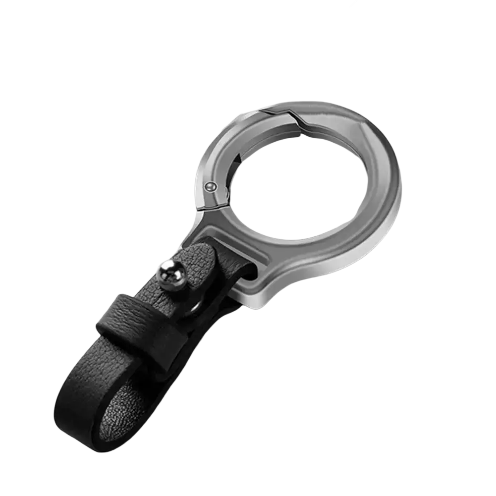 Leather car keychain with metal clip and ring featuring a sleek silver metal keychain with black leather strap and polished sphere