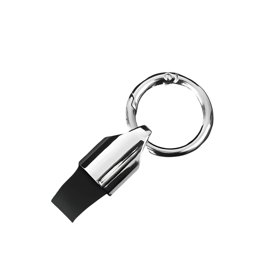 Leather car keychain metal key ring holder with chrome finish, sleek black rubber strap, and polished metallic loop