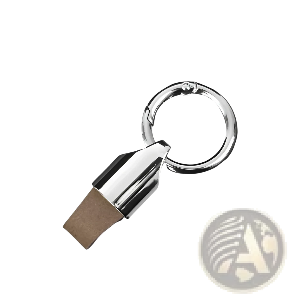 Leather car keychain metal key ring holder with chrome finish, sleek tapered body, and brown cork-like base