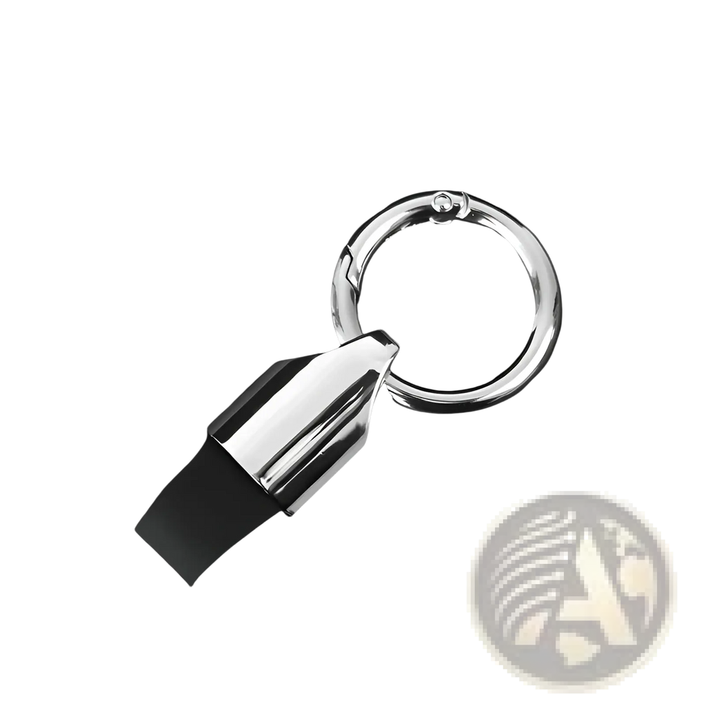 Leather car keychain metal key ring holder with chrome finish, sleek black rubber strap, and polished metallic loop