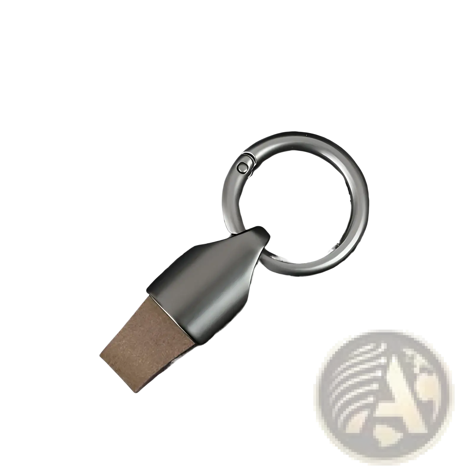 Silver usb flash drive with matte metallic finish and brown leatherette cap attached to leather car keychain metal holder