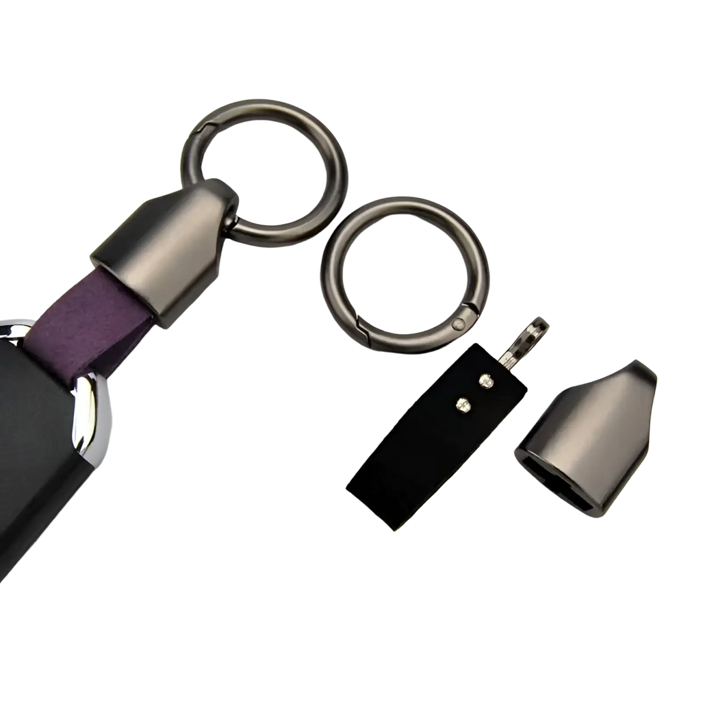 Purple leather car keychain with matte black metal clasp and silver-toned carabiner for key ring holding
