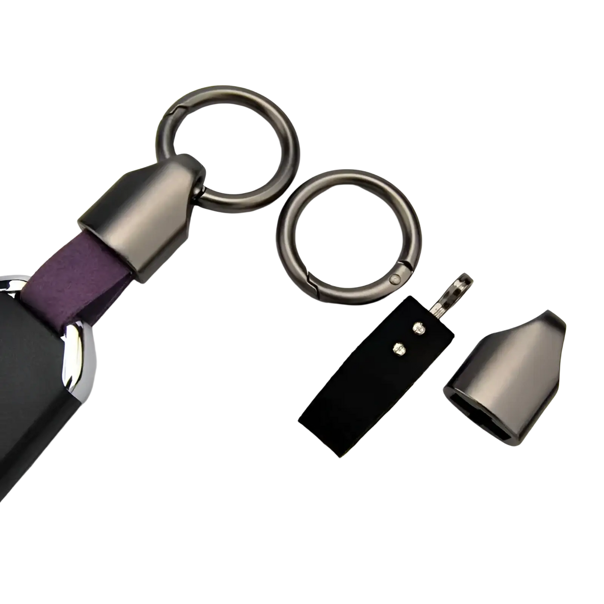 Purple leather car keychain with matte black metal clasp and silver-toned carabiner for key ring holding