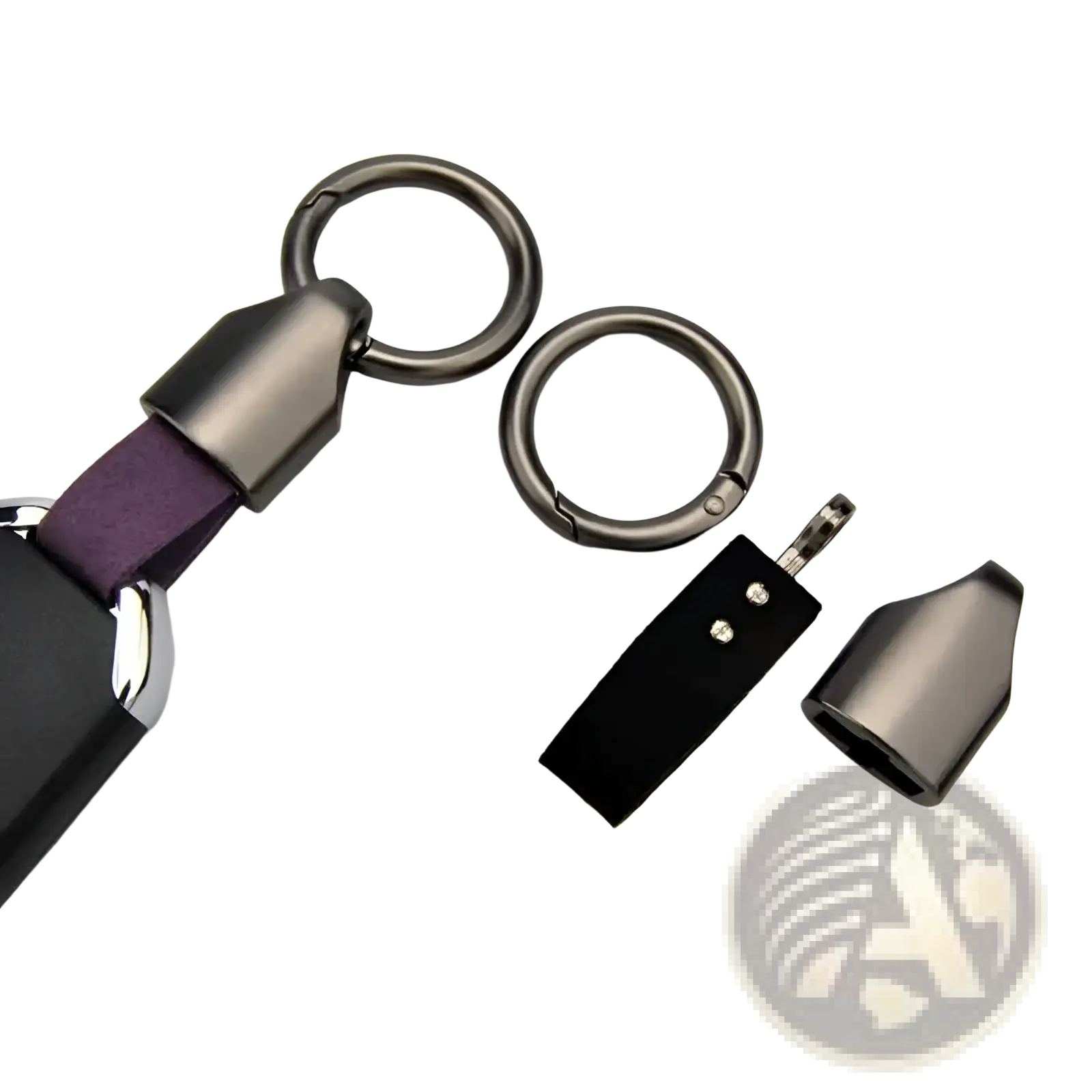 Purple leather car keychain with matte black metal clasp and silver-toned carabiner for key ring holding