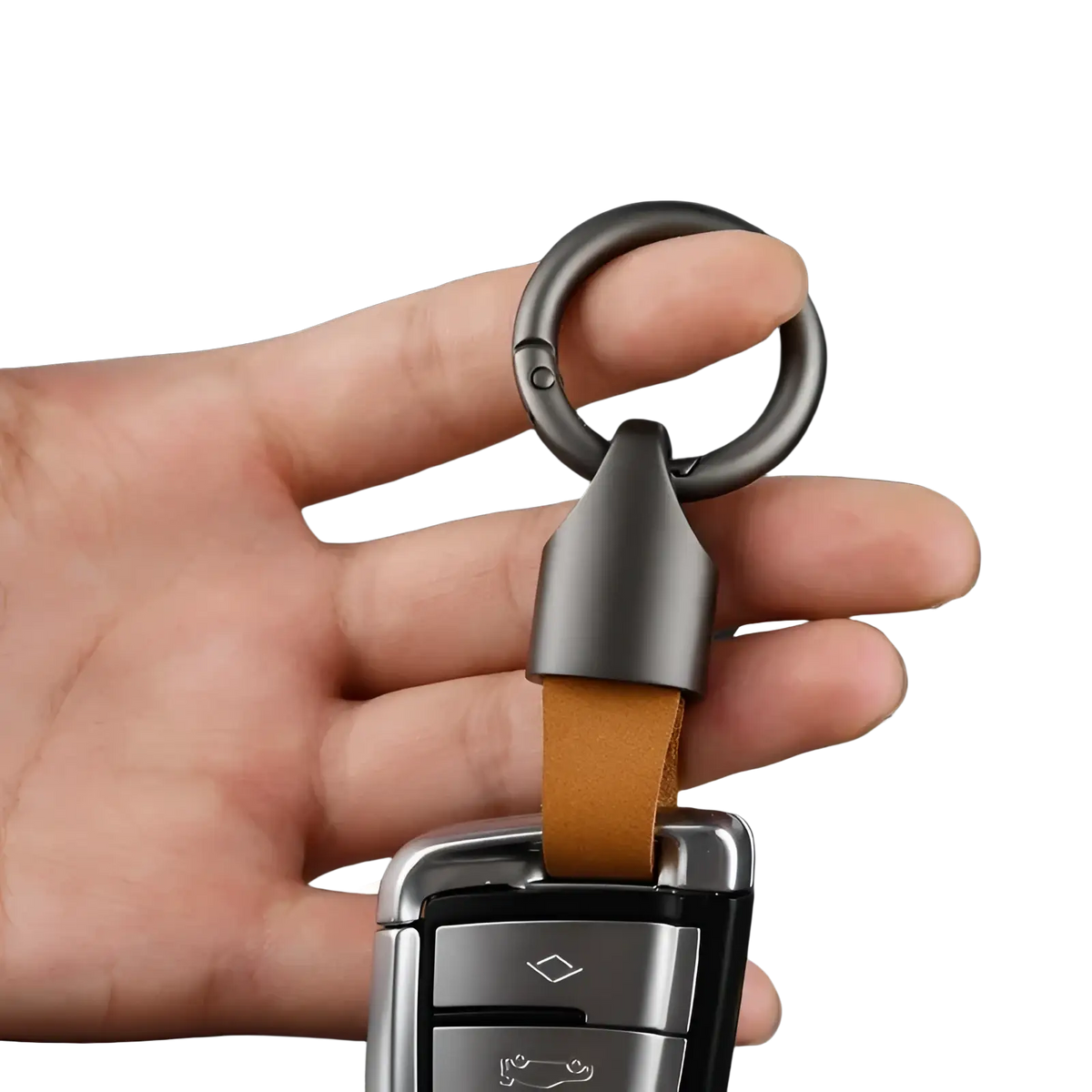 Leather car keychain metal key ring holder with silver metallic key fob and brown leather strap for secure carrying