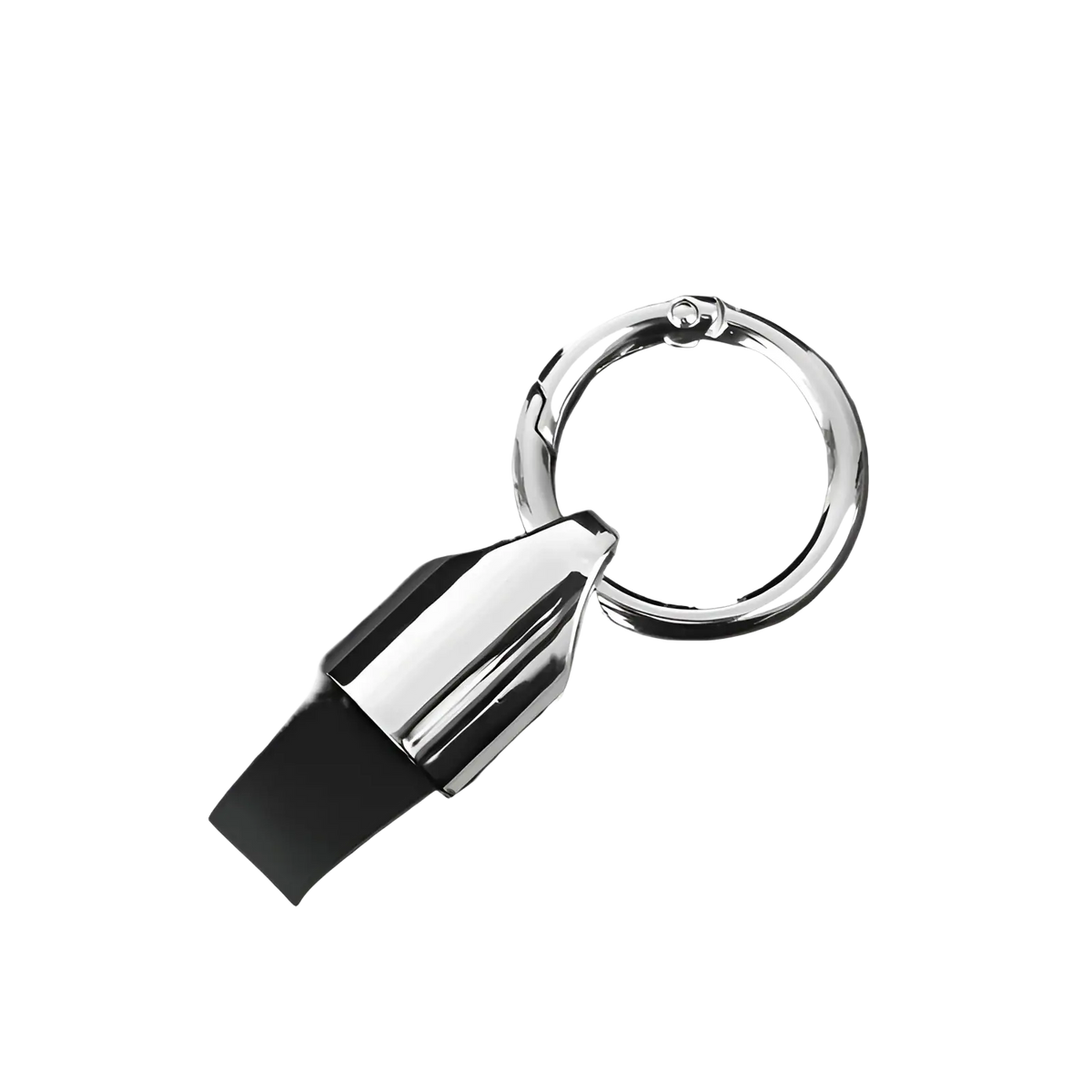 Leather car keychain metal key ring holder with silver metallic angular design and black rubber strap