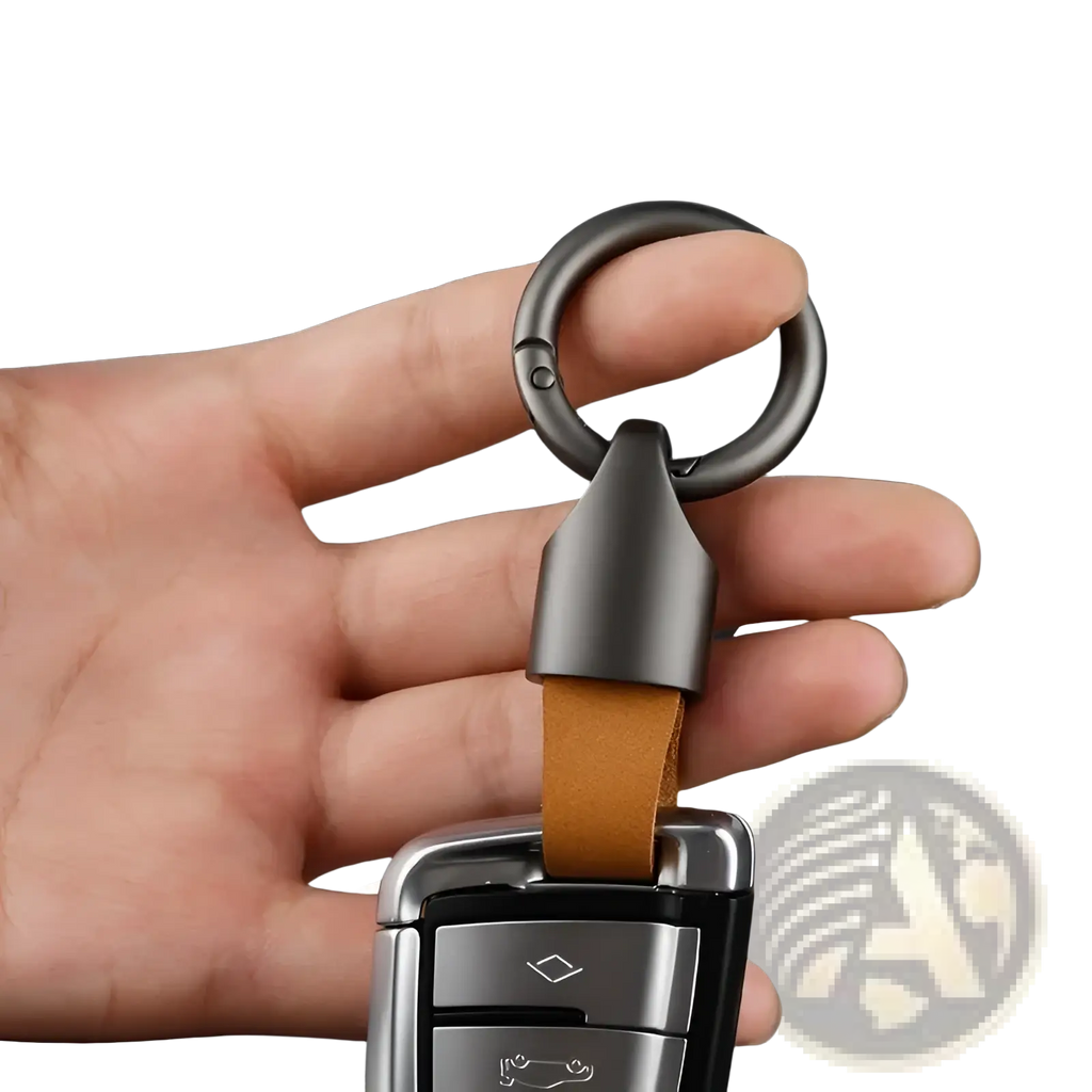 Leather car keychain metal key ring holder with silver metallic key fob and brown leather strap for secure carrying