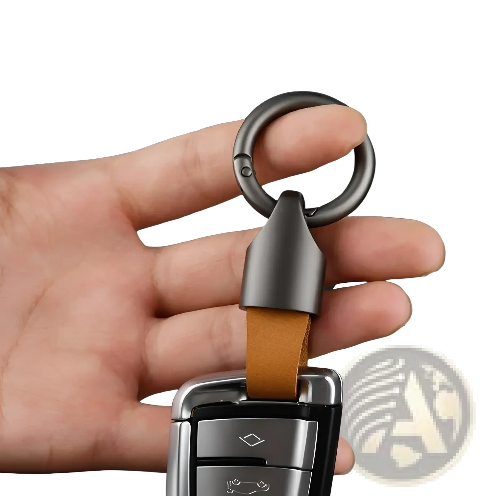 Leather car keychain metal key ring holder with silver metallic key fob and brown leather strap for secure carrying