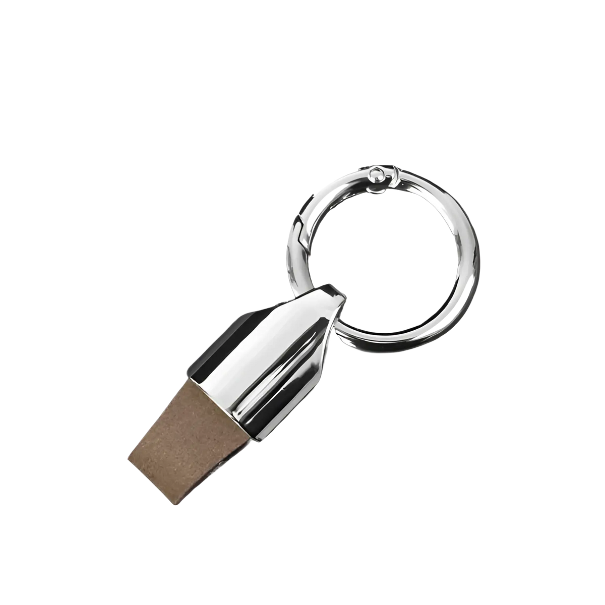 Leather car keychain metal key ring holder featuring a silver usb flash drive with a brown leatherette cap