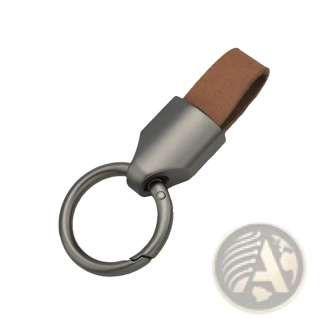 A sleek matte gray metal leather car keychain with a brown leather strap and metal key ring holder