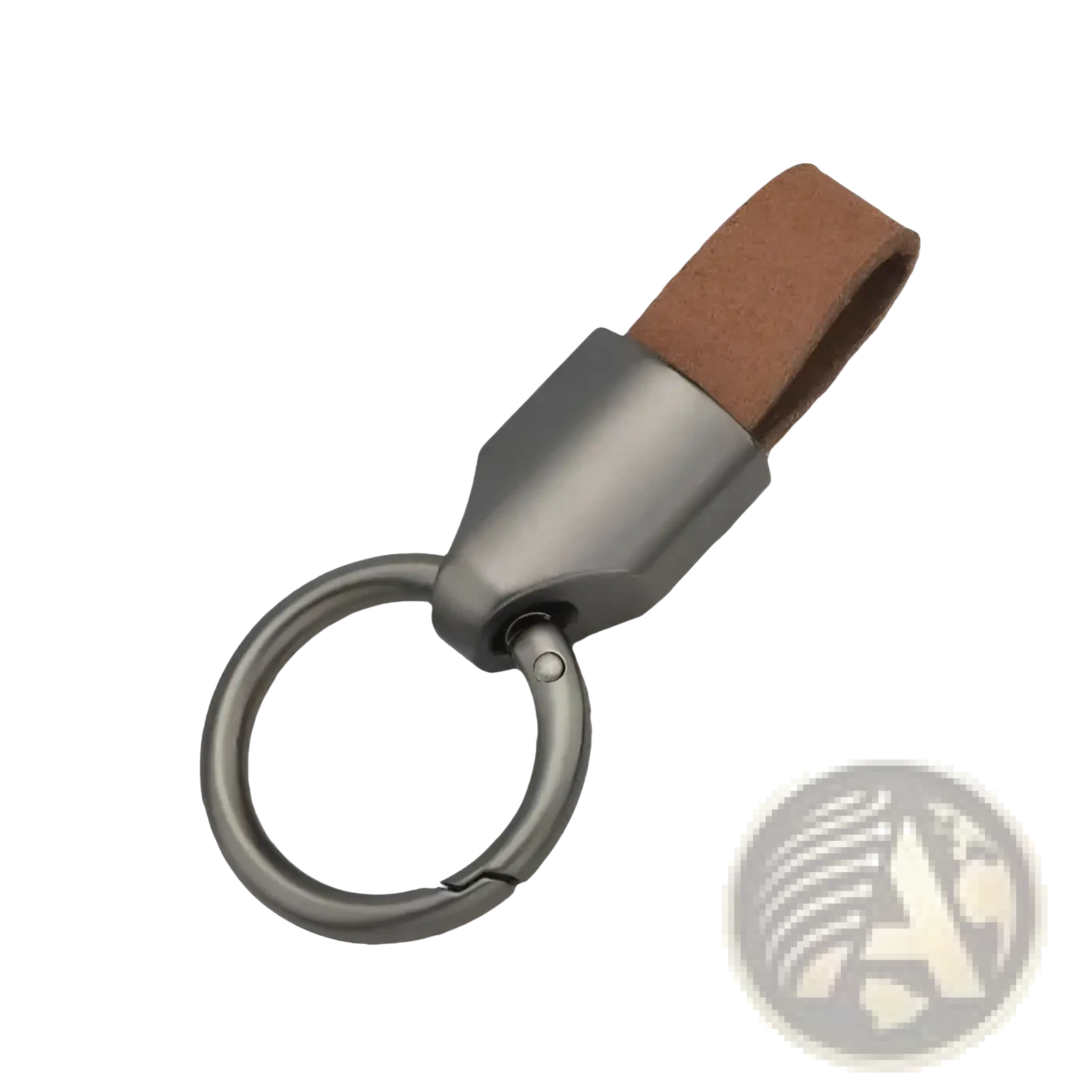 A sleek matte gray metal leather car keychain with a brown leather strap and metal key ring holder