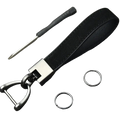 Black leather minimalist car keychain with silver-toned metal buckle and d-ring for secure key organization