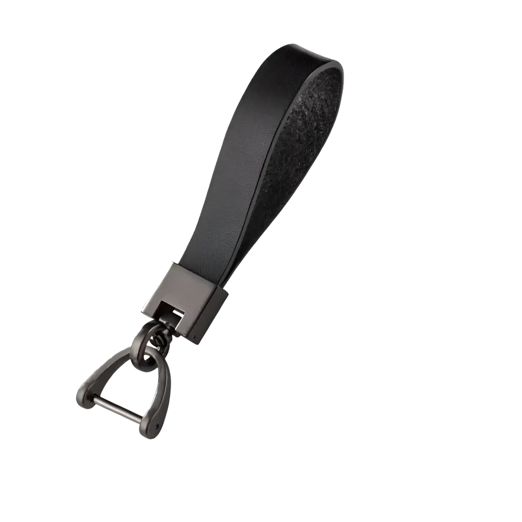Black leather minimalist car keychain with matte-finished metal d-ring and rectangular connector for key organization