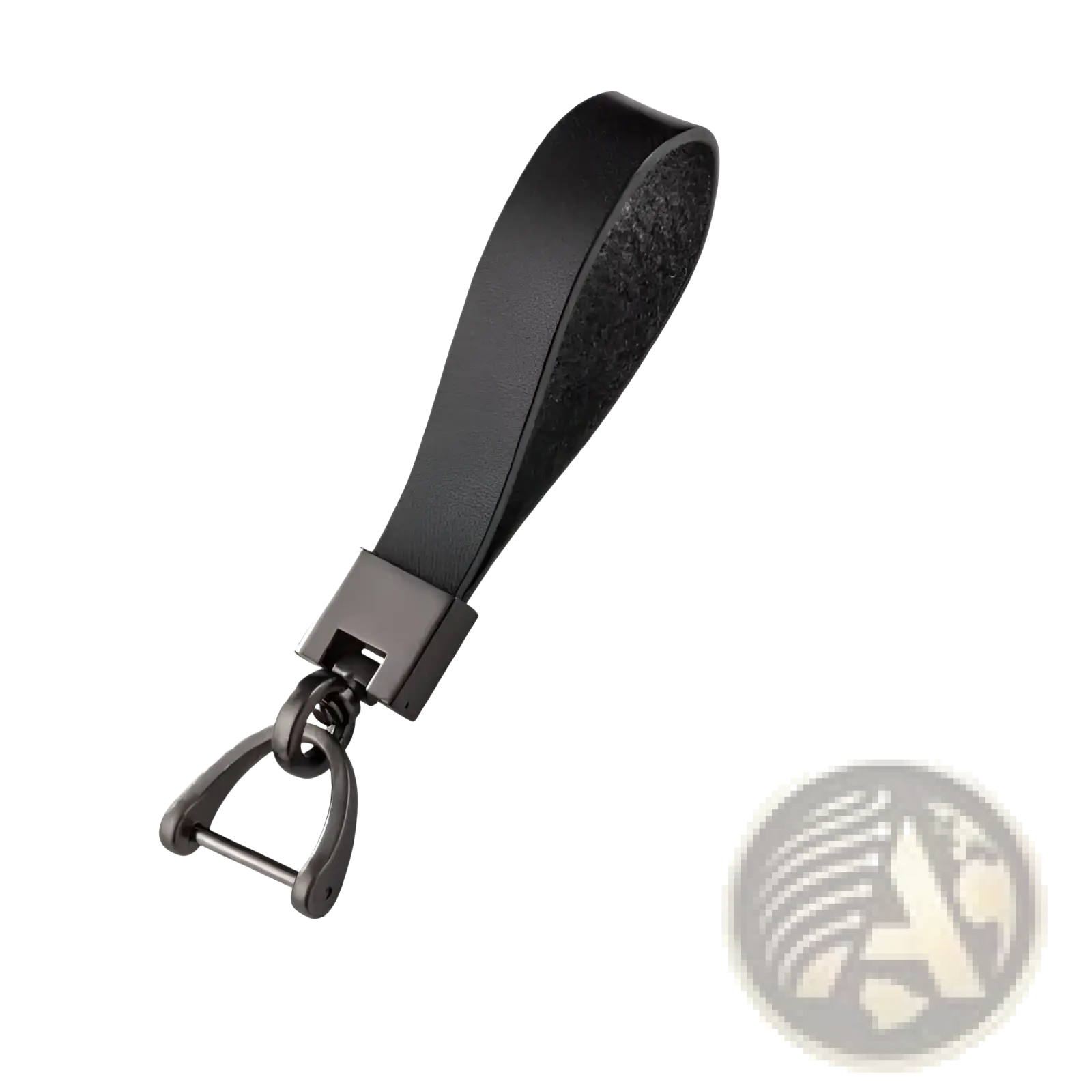 Black leather minimalist car keychain with matte-finished metal d-ring and rectangular connector for key organization