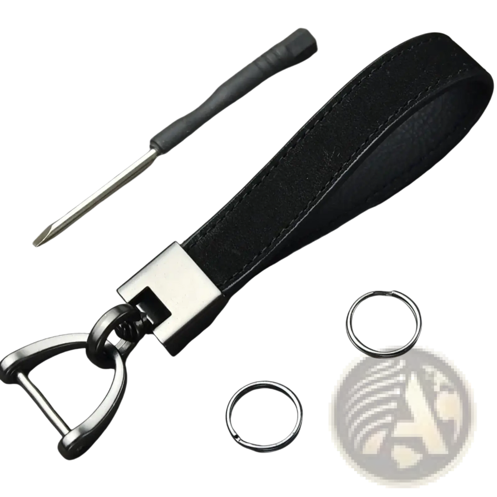 Black leather minimalist car keychain with silver-toned metal buckle and d-ring for secure key organization