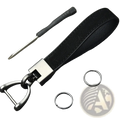 Black leather minimalist car keychain with silver-toned metal buckle and d-ring for secure key organization