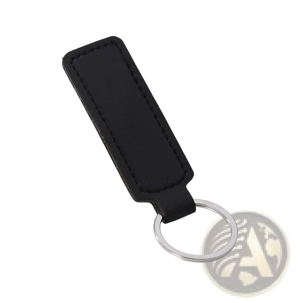 Black leather minimalist strip keychain with a silver metal ring for car keys