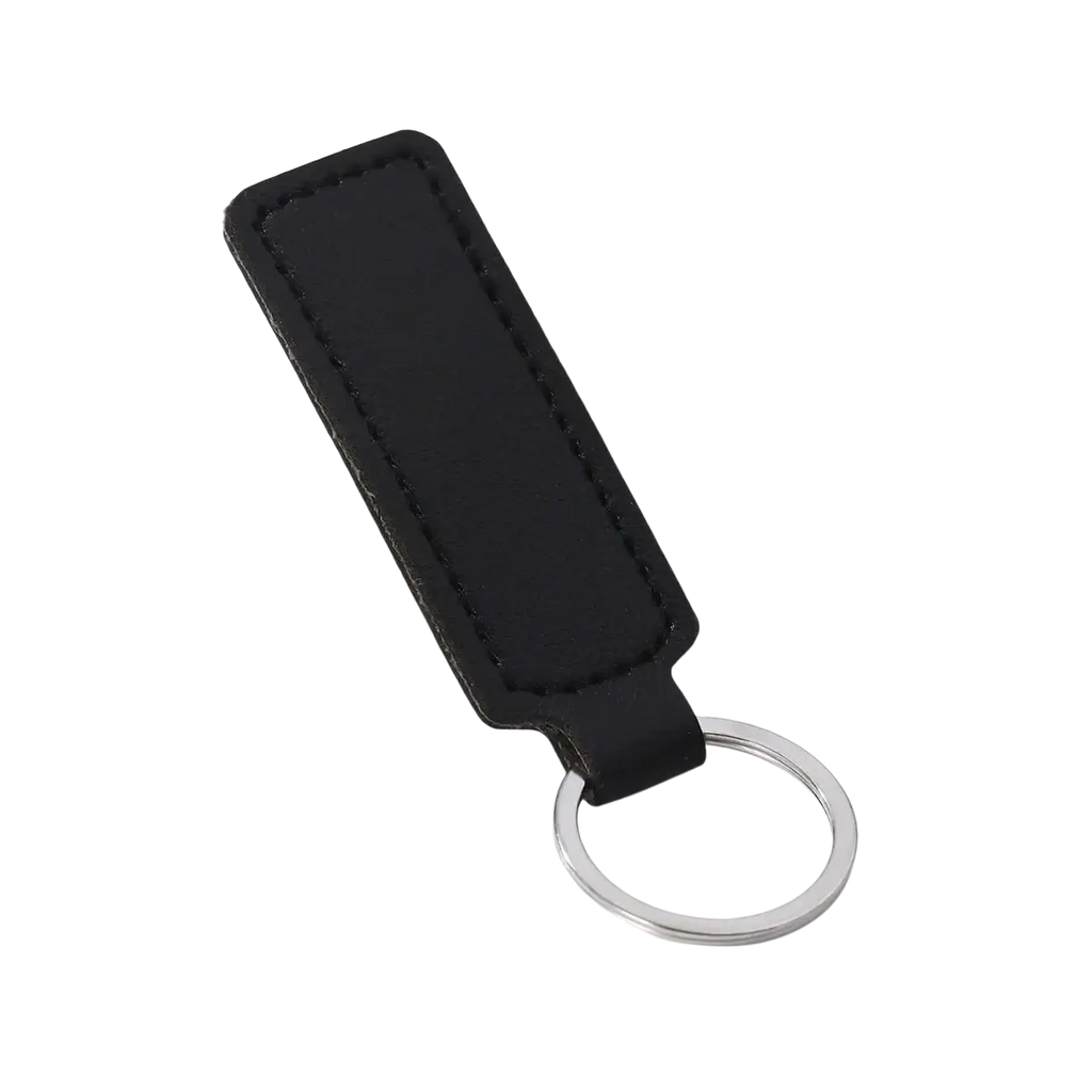 Black leather minimalist strip keychain with a silver metal ring for car keys