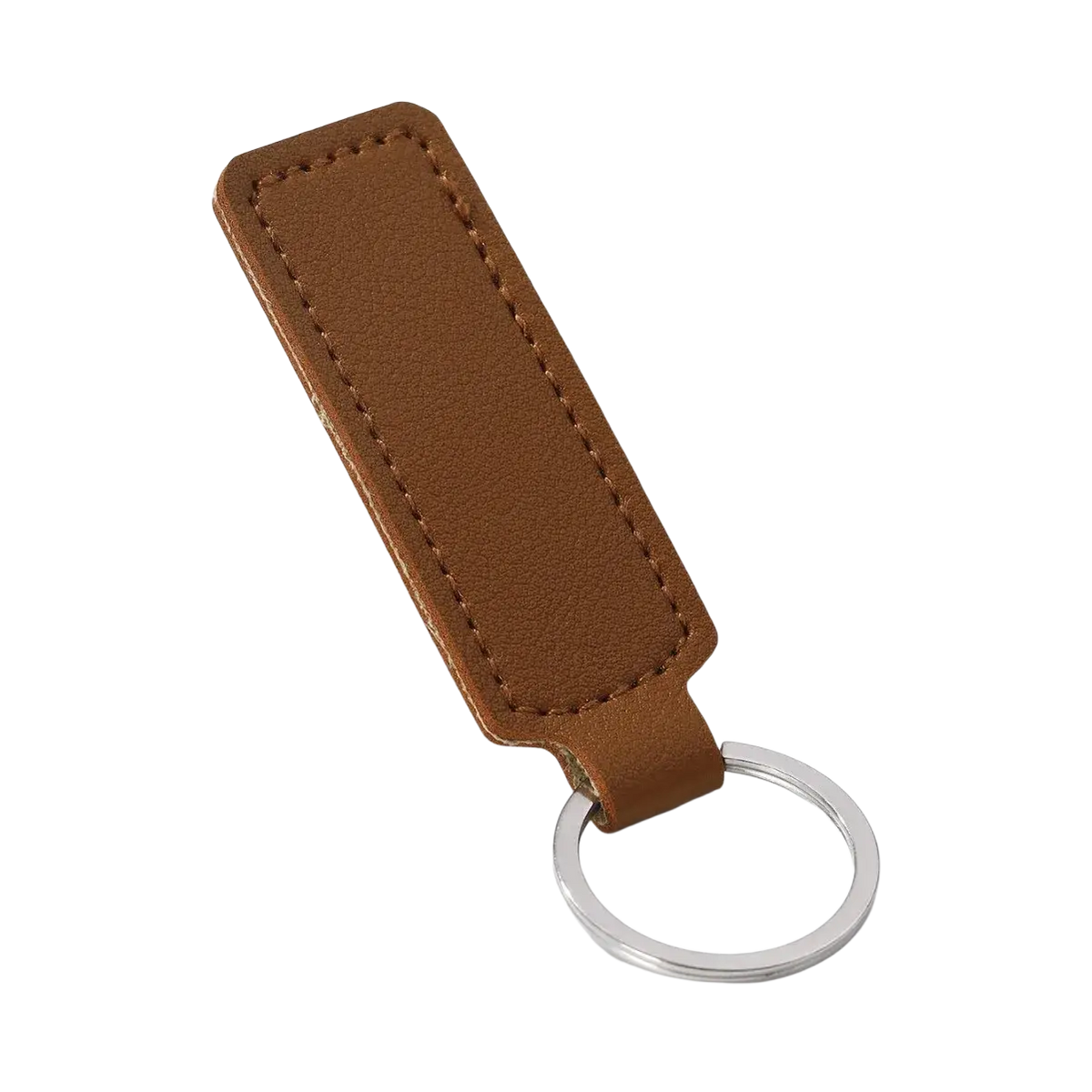 Brown leather minimalist strip keychain with silver metal ring for car keys
