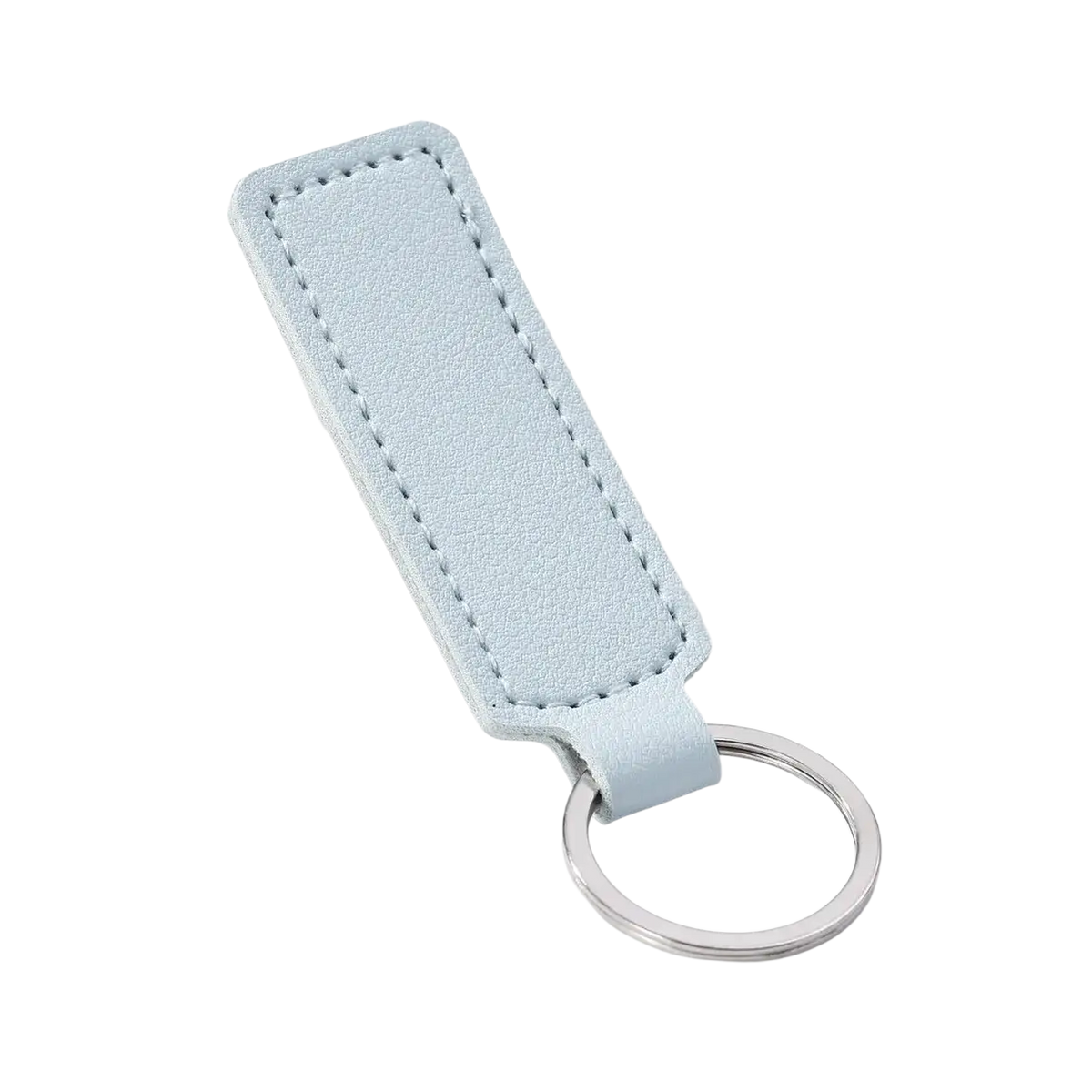 A light blue leather minimalist strip key ring with silver metal ring and neat stitching for car keys