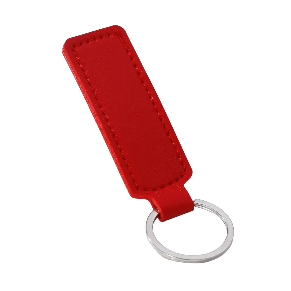 Red rectangular leather car keychain with silver metal ring minimalist strip key ring design